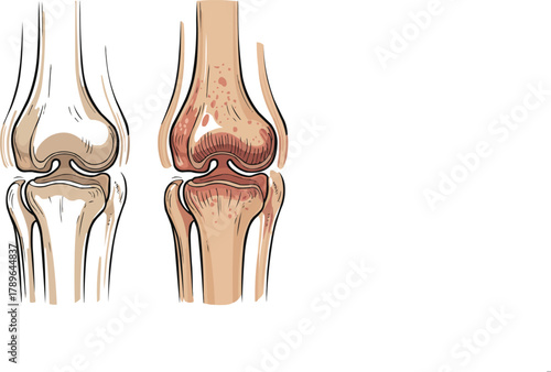 Knee Joint Diagram  Healthy vs. Arthritic Condition, Side and Front Views