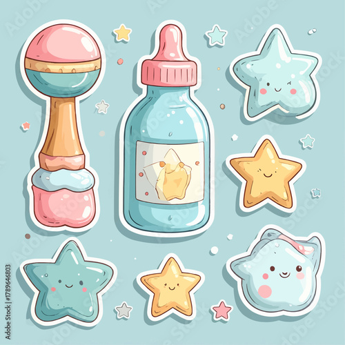 A cute set of baby shower icons with a bottle, rattle, and smiling stars. Vector illustration for a newborn celebration