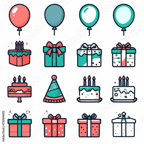 Festive Celebration Icons Balloons, Cakes, and Gift Boxes for Birthday and Party Themes