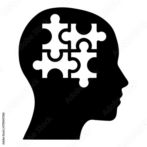 Silhouette of Human Head with Four Connected Puzzle Pieces Symbolizing Thinking Problem Solving and Psychology Concept