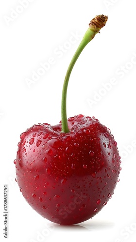 Single Red Cherry with Stem Covered in Water Droplets Isolated on White Background