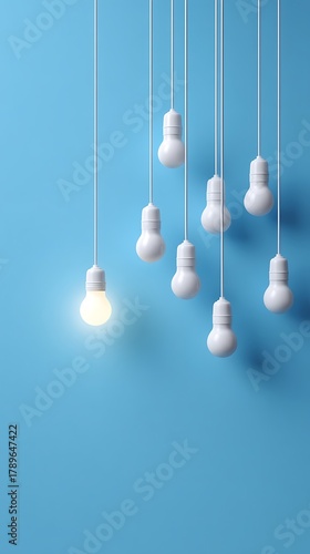 Lit Lightbulb Among Unlit Bulbs Hanging Against a Blue Background Rendering