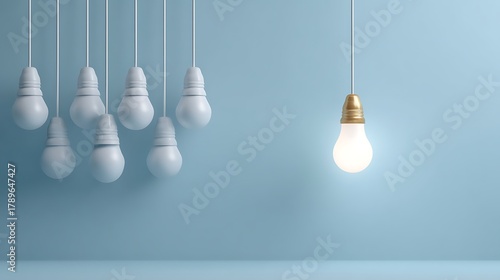 Lit Bulb Stands Out Among Unlit Matte White Light Bulbs Against Blue Background