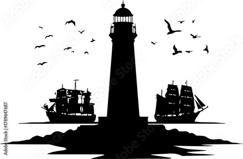 lighthouse silhouette vector illustration, lighthouse, tower, sea, sky, light, architecture, sunset, building, silhouette, beacon, water, vector, illustration, ocean, coast, navigation, house, landsca