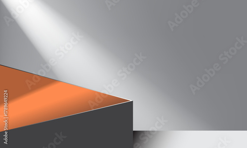 The corner of a paperboard on a gray wall is illuminated by a diagonal line of light. for product placement background. vector illustration