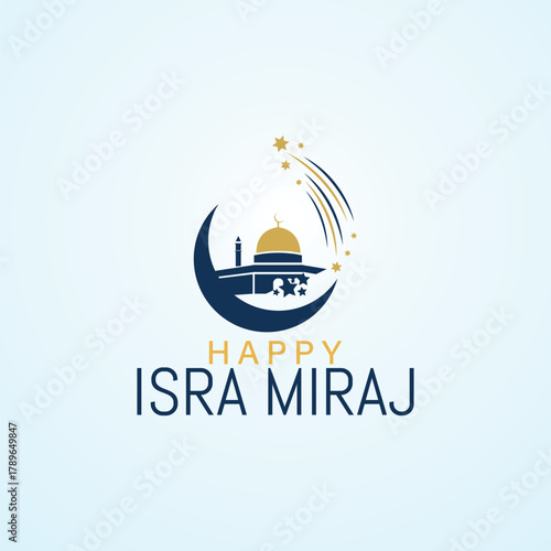 Happy Isra Miraj Celebration with Mosque and Crescent Moon