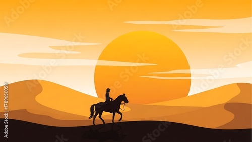 Fototapeta Naklejka Na Ścianę i Meble -  Horse riding desert landscape illustration sunset dunes silhouette vector background graphic design art art