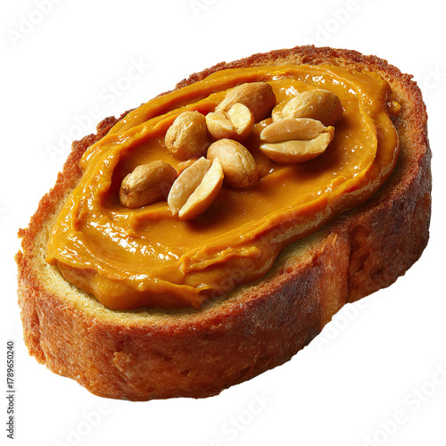 Smooth peanut butter spread on surface concept. Delicious bread slice topped with creamy peanut butter and nuts.