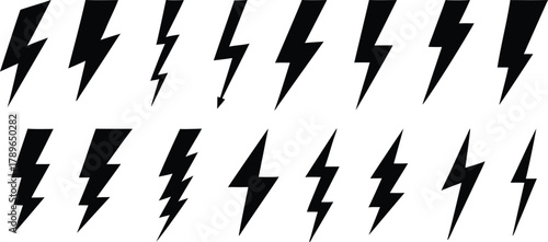 Black lightning bolt icons set vector illustration showing energy, electricity, thunder power, high voltage, and speed symbol for technology, weather, and energy design concept.