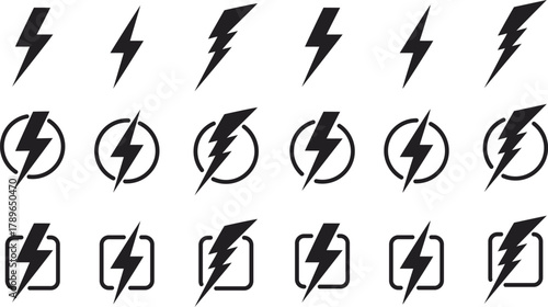 Set of black lightning bolt icons collection, electric power energy and charging symbols, vector illustration for electricity, technology, and energy efficiency design concepts.