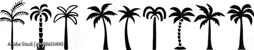 Set of black palm tree silhouettes collection, tropical beach plant icons representing summer, vacation, and nature themes, isolated vector illustration for design and decoration projects.