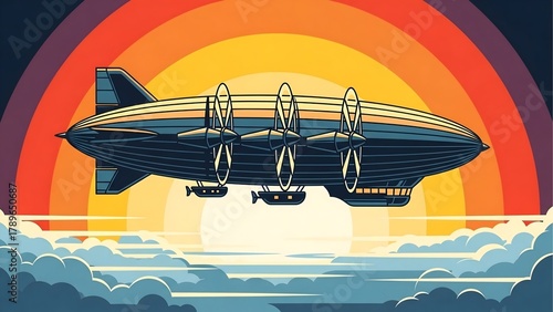Retro airship vintage zeppelin flying over clouds illustration vector art design concept graphic art