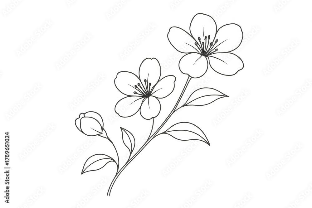 Fototapeta premium Hand drawn sketch of blooming flowers and leaves, a botanical plant illustration on transparent background