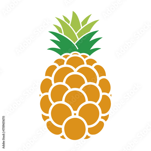 Vector illustration of a pineapple with green leaves on top and a textured body in orange color