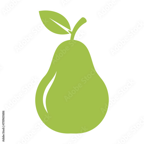 Vector illustration of a single green pear with a stem and leaf on a transparent background