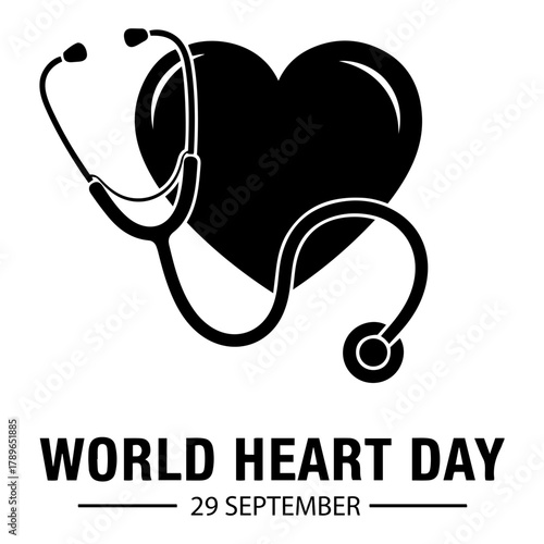 Vector illustration of a stethoscope draped over a heart with world heart day text below it