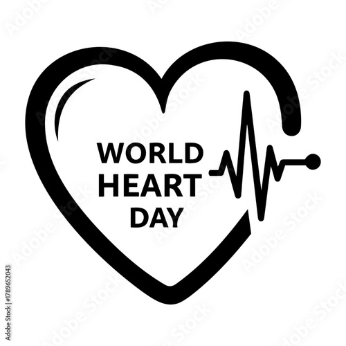 Vector world heart day graphic featuring a heart shape and an electrocardiogram line in black color