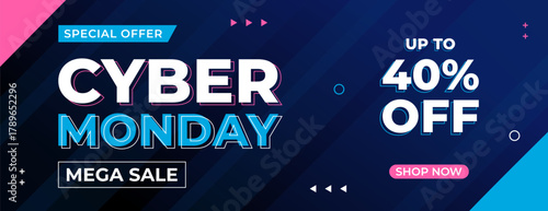 Cyber Monday mega sale banner design, Abstract dark blue modern geometric background, up to 40% off, suitable for sales promotion, marketing ads, online store, event, social media and web