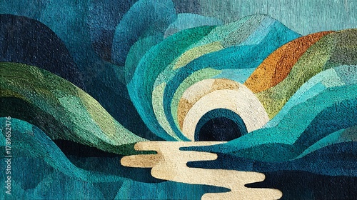 Abstract landscape painting with a river flowing through rolling hills and a colorful sky, creating a serene and dreamlike atmosphere with textured brushstrokes and a harmonious blend of colors