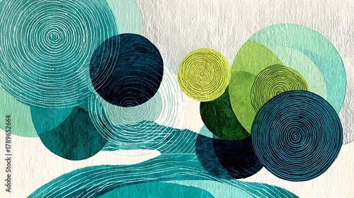 Abstract geometric painting featuring overlapping circles in shades of green and blue, creating a modern and artistic composition with textured surfaces and a sense of depth and movement