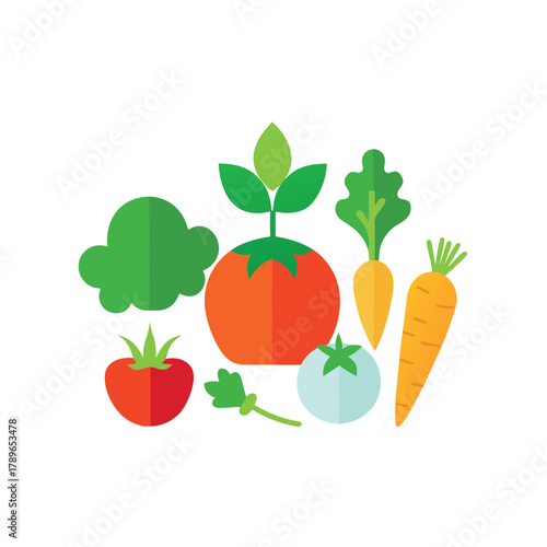 Assorted Fresh Vegetables with Green Leaves in Flat Design Style Keywords: vegetable, food, healthy, organic, fresh, tomato, carrot, broccoli