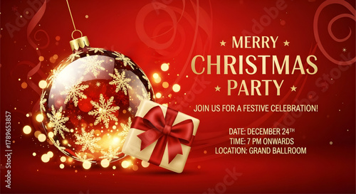 Ornament and gift on red background with merry christmas party invitation message text