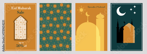 A set of posters with Islamic mosque motifs, crescent moons, stars and ornaments. Suitable for Ramadan, advertising banners and sales, social media posts, printed products and decor