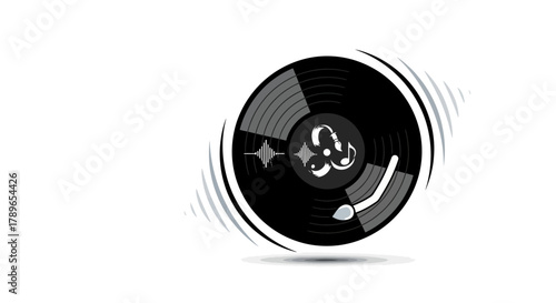 Stylized vinyl record illustration a black and white vector graphic with dynamic motion suitable for music-themed designs