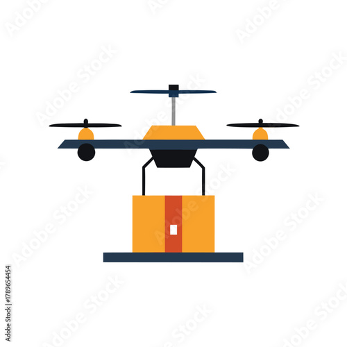 Yellow and orange drone delivering a package with white background Keywords: drone, delivery, package, box, cargo, transport, logistics, aerial
