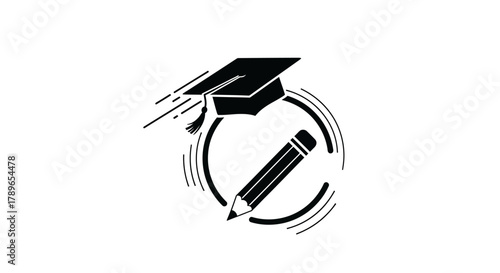 Education icon with graduation cap and pencil simple vector glyph illustration for academic achievement isolated on white background