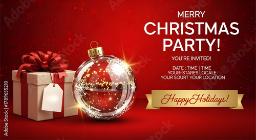 A christmas party invitation with a gift, bauble and happy holidays message on red