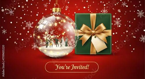 A christmas ornament with people inside and a gift box with a bow on a red background