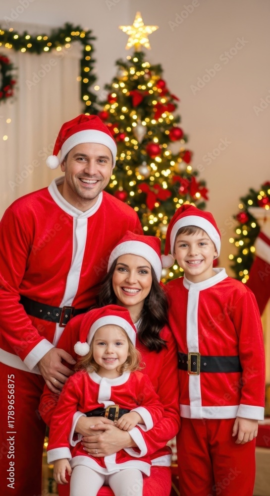 Fototapeta premium Happy family in santa claus costumes celebrating christmas at home near the tree.