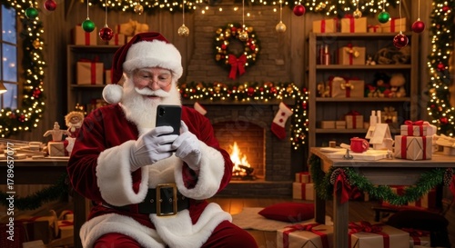 Santa claus using a smartphone in his workshop with christmas decorations around him.