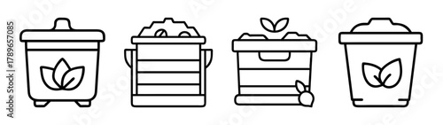 Set of compost bins and organic waste containers line art icons