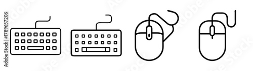 Computer keyboard and mouse outline icons set. digital tech vector.