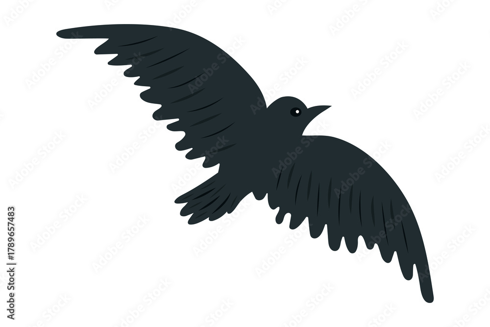 Fototapeta premium A simple, flat vector illustration of a black crow or raven in flight with outstretched wings. Perfect for spooky Halloween designs or nature-themed projects