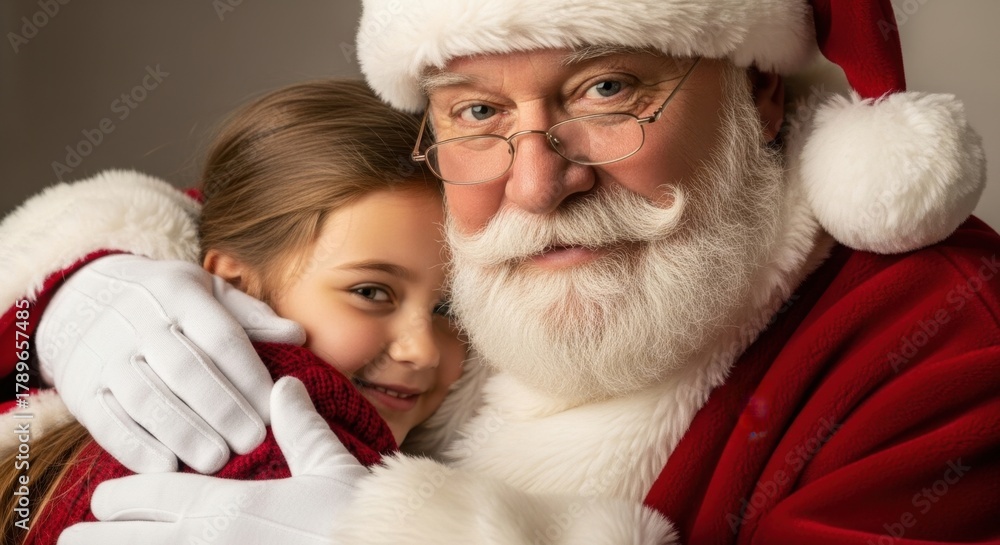 Obraz premium Santa claus hugs a smiling girl wearing a red sweater, christmas holiday concept.