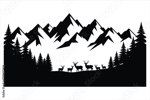 Mountain Forest Deer Silhouette Scene