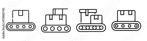 Logistics and supply chain conveyor belt package line icon set