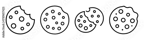 Line art cookie icons set with whole, bitten, and broken desserts