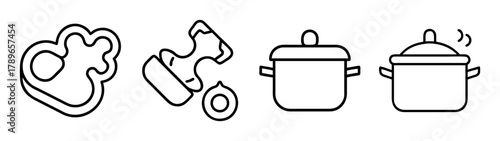 Kitchen cooking ingredients, vegetables, and pots outline icons