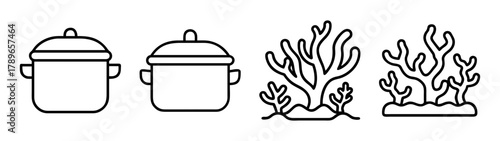 Kitchen cooking pots and intricate coral reef ocean vector icons