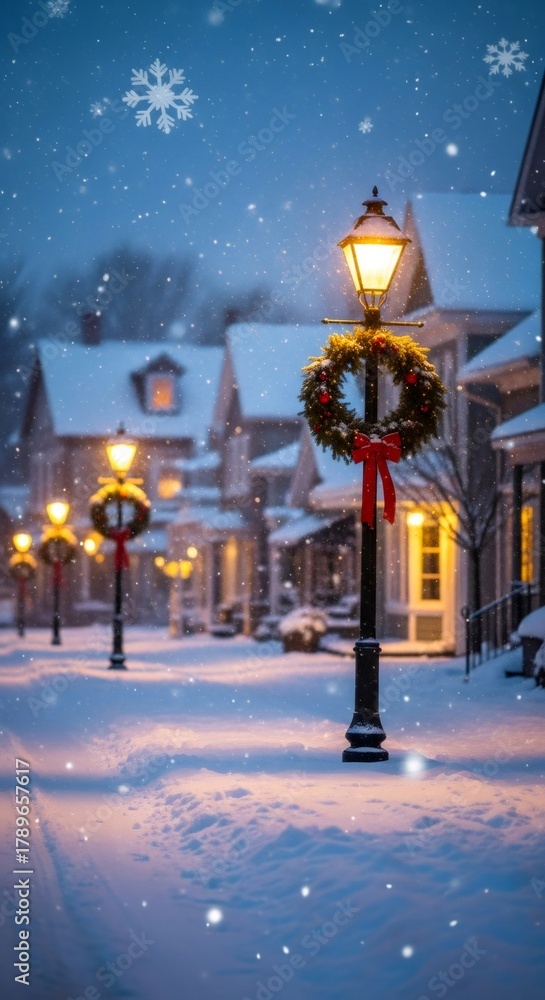 Obraz premium Festive street lamp with a Christmas wreath and falling snow. Winter night scene with cozy houses for Christmas and New Year holiday.
