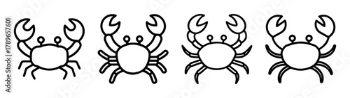 Set of four simple crab icons, minimalist marine animal outline