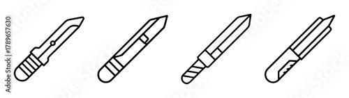 Line art icon set of various cutting tools and knives collection