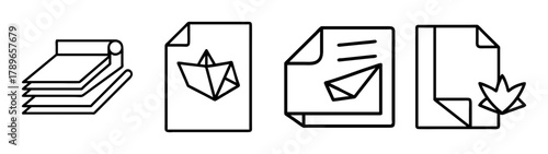 Document icons set: paper stack, origami boat, plane, and crown