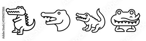 Cartoon alligator crocodile reptile animal vector line icons set