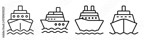 Cruise ship and boat line icons set, vessel transportation symbols