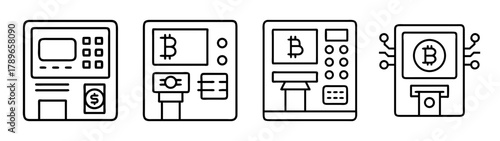 Bitcoin atm and traditional banking machine line icon collection